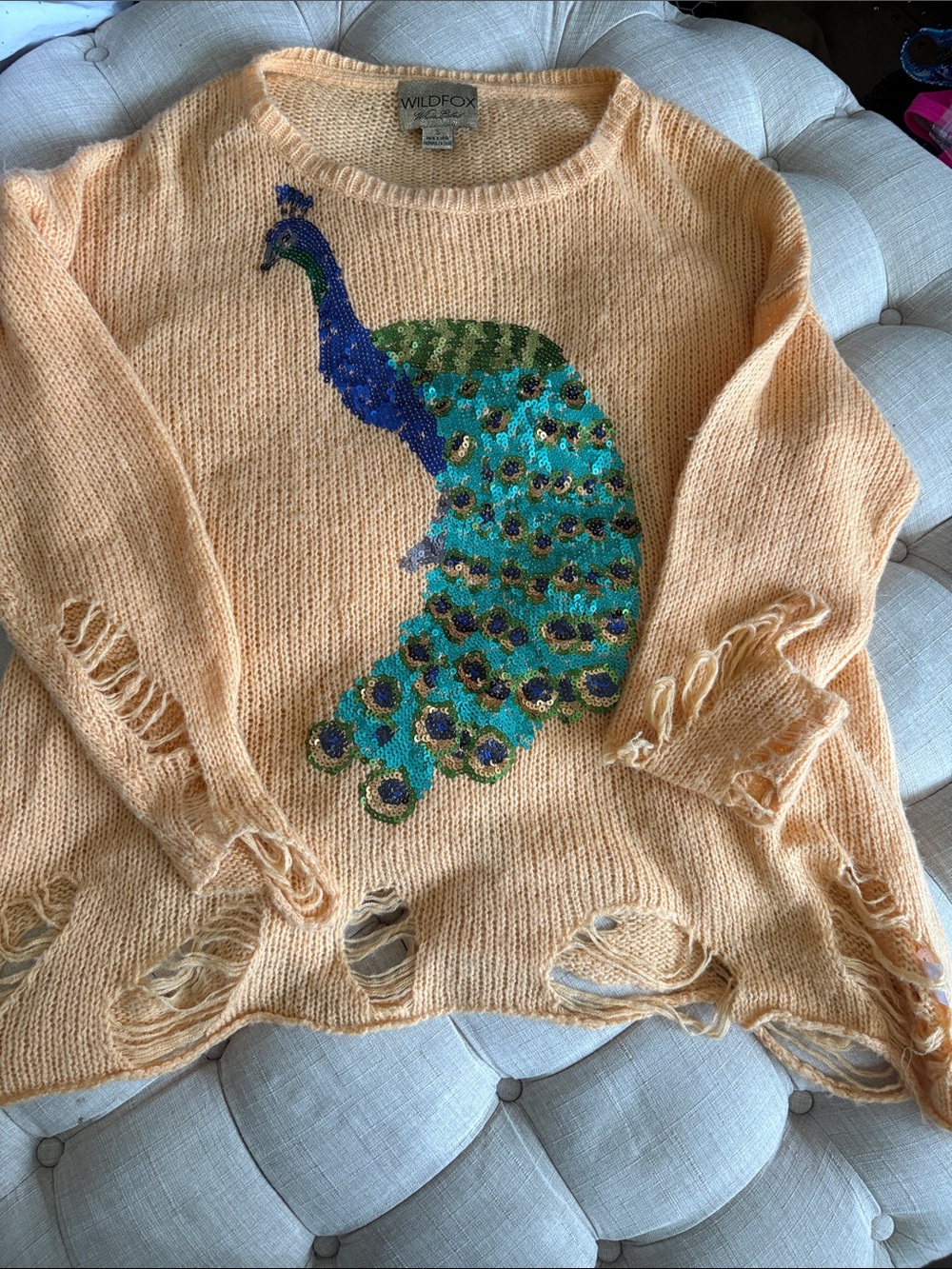 Wildfox White Label Peach Sweater with Sequined Peacock Motif